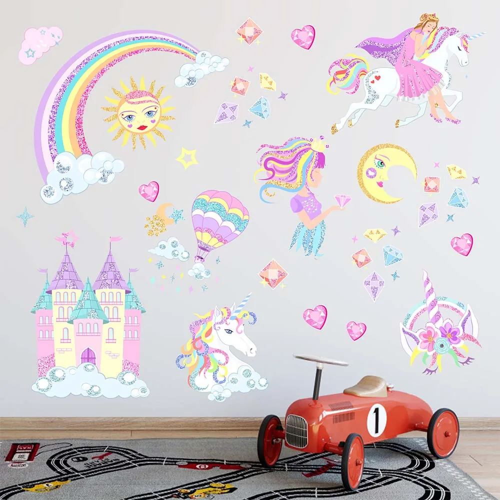 Наклейки на стену декор для комнаты Радужный замок принцесса ПВХ 3D единорог
