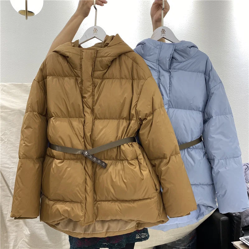 

2021 New Winter Women Hooded Down Jacket Winter Loose White Duck Down Puffer Jacket With Belts Warm Coats
