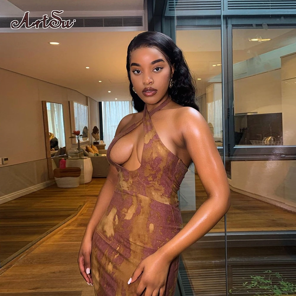 

Арцу шикарный модный принт перекрестные с лямкой на шее, сексуальное миди платье для женщин без рукавов с открытой спиной Клубные вечерние ...