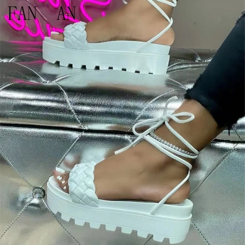 

Женские плетеные босоножки FANAN, на толстой подошве, на шнуровке, Уличная обувь, большие размеры 43, на лето