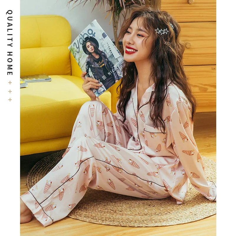 New Satin Pajamas Set Silk For Women Cartoon Sleepwear Pink Night Suit Cute Ice Cream Casual Homewear | Женская одежда
