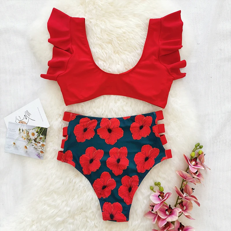 Женский комплект бикини с цветочным принтом оборками и завышенной