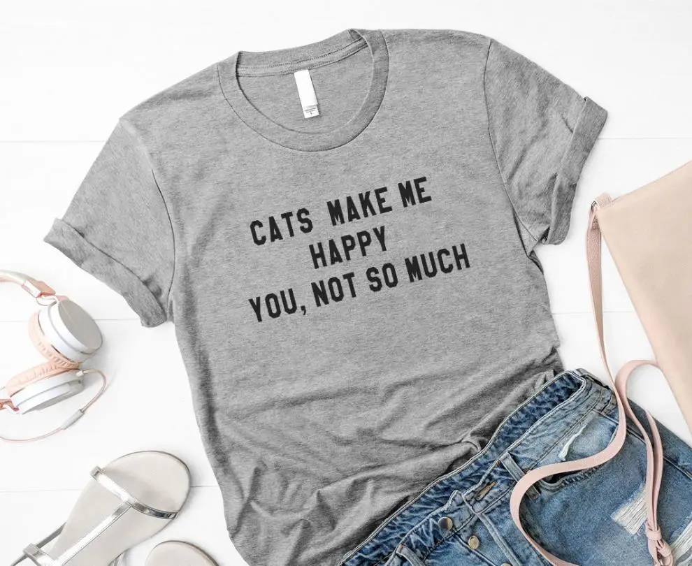

Женская хлопковая футболка с надписью «Cats make me happy», Повседневная забавная футболка для девушек Yong, топ для девочек, Прямая поставка, P102
