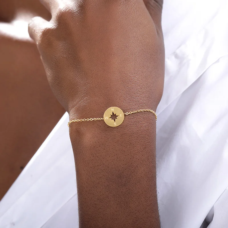 V Attract Vintage Compass Charm Bracelet Gold Silver Stainless Steel Chain Simple Geometric Round Pulseira Women Men Jewelry|charm bracelet|bracelet
