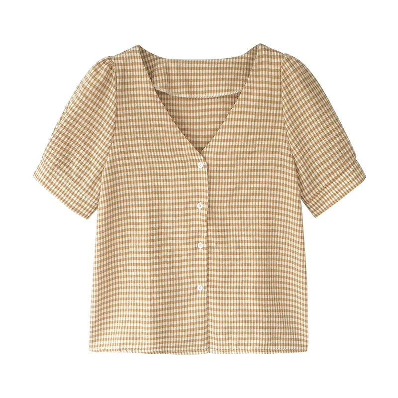 Женские летние топы 2021 женская блузка рубашка в клетку с коротким рукавом v