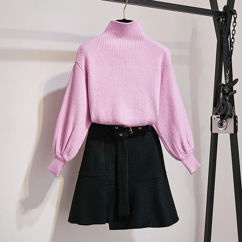 New Winter Pullover Sweater& Woolen Cloth Lantern Sleeve Knitted Top Irregular Skirt Suit With Belt Outfit Casaul Clothes