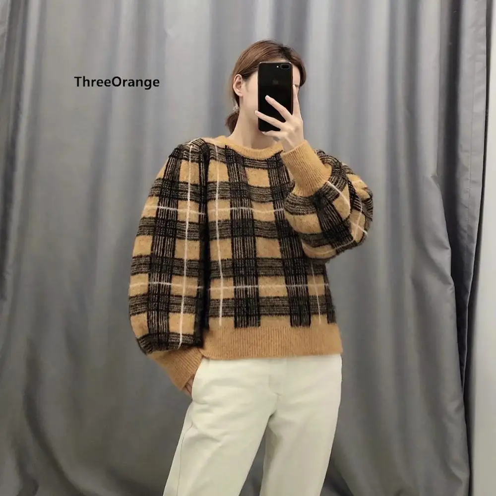 ZA 2019 new Winter autumn knitted sweater women pullover plaid colorblock lantern sleeve Casual loose female jumper | Женская одежда