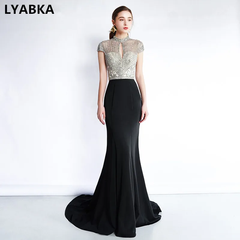 Элегантное Вечернее Платье Русалочки с открытой спиной и высоким вырезом vestido de festa, черные вечерние платья с бусинами длинное платье Robe De Soiree