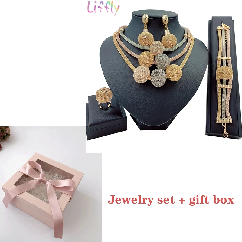 set no.1 and box Большие африканские золотые драгоценности, набор для женщин, нигерийское колье, ожерелье, массивные украшения, трехцветные Многослойные серьги, кольцо, браслет - Окраска металла: set no.1 and box