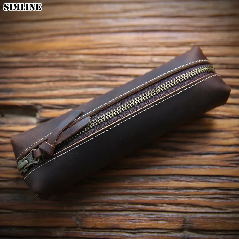 Пенал ручной работы SIMLINE из натуральной кожи Винтажный Длинный кошелек на молнии