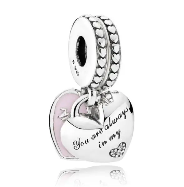 

Genuine 925 Sterling Silver Charm Mother And Daughter Hearts With Crystal Beads Fit pandora Bracelet & Necklace DIY Jewelry