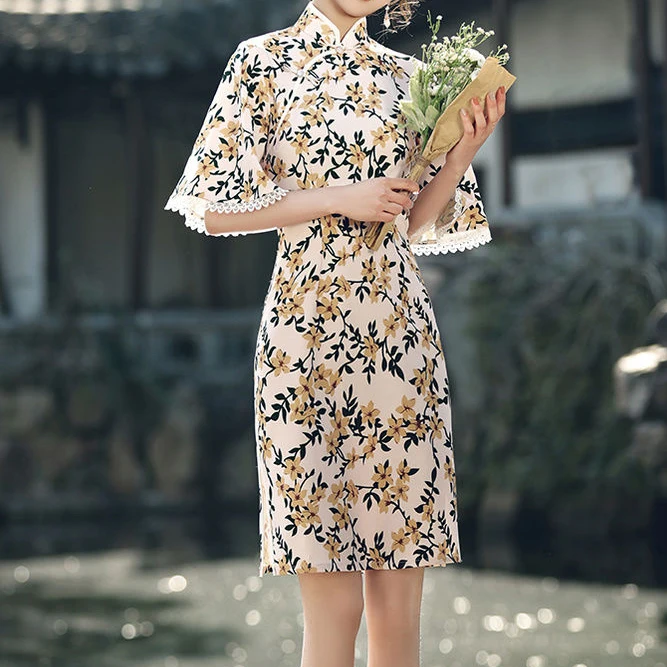 

Daily cheongsam skirt women's summer young retro modified version of the French small down-sleeve dress summer niche