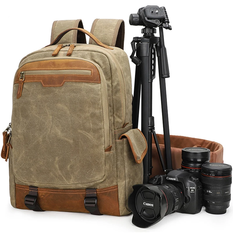

Retro Photography Waterproof Batik Canvas + Leather Camera Shoulder Backpack DSLR Bag fit 15.4in Laptop Tripod Travel SLR Case