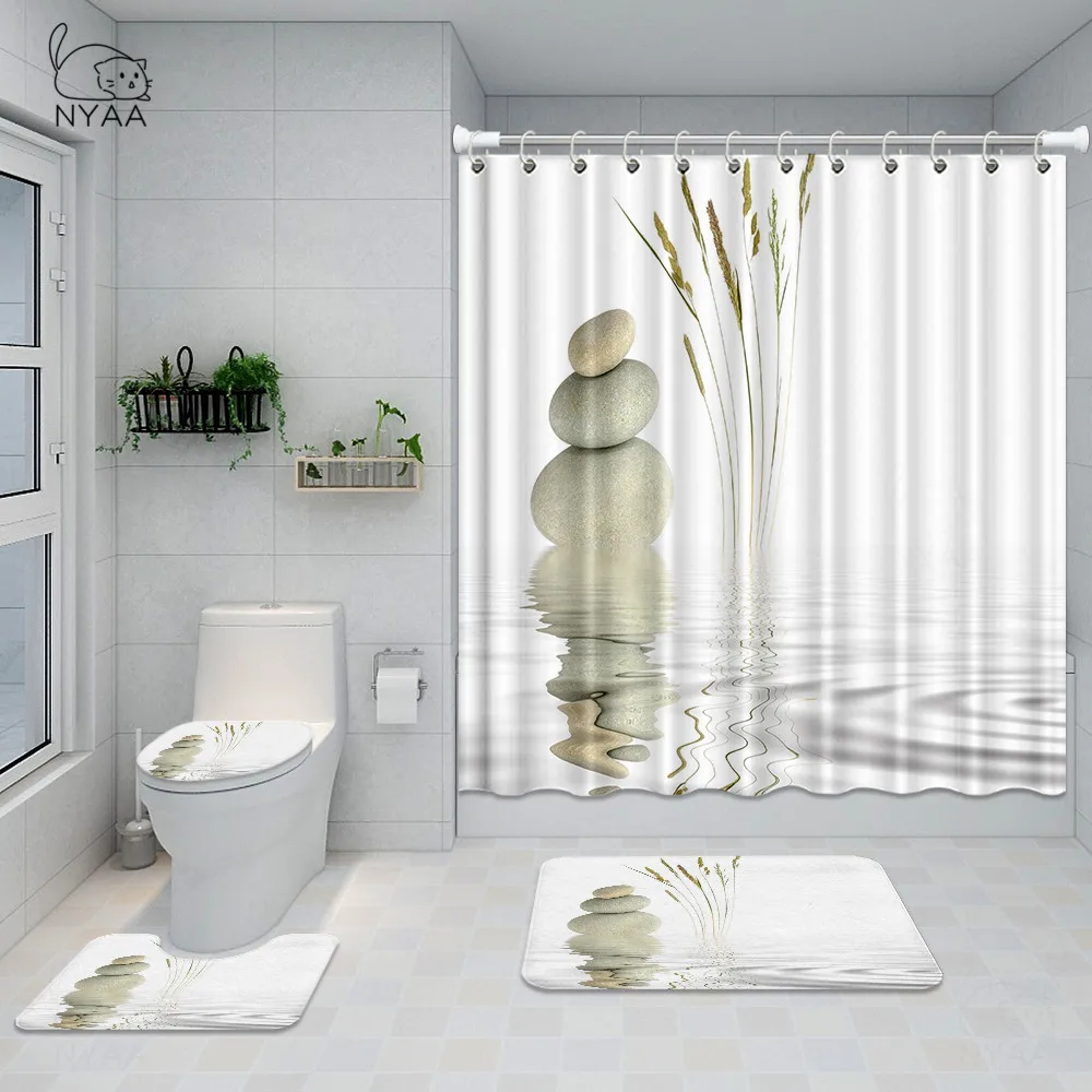 

NYAA Zen Stones Spring Bathroom Set Lotus Flower Reflection On Water Waterproof Shower Curtain Toilet Cover Mat Non Slip Rug