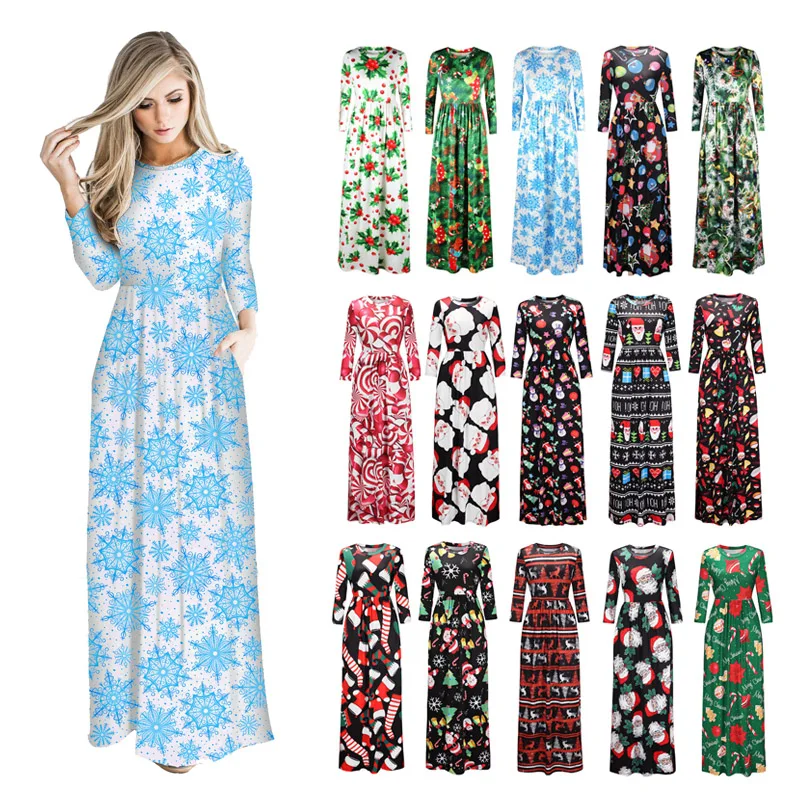 

Black Big Swing Print Vintage Christmas Dress Women Winter Casual Long Sleeve V Neck Sexy New Year Party Dress Plus Size S~3XL