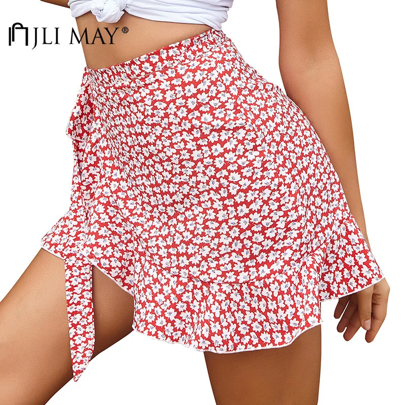 

JLI MAY Women's Mini Skirts Summer Flower Print high waist Slim Chiffon Ruffle lace up Irregular Sweet Short Skirt