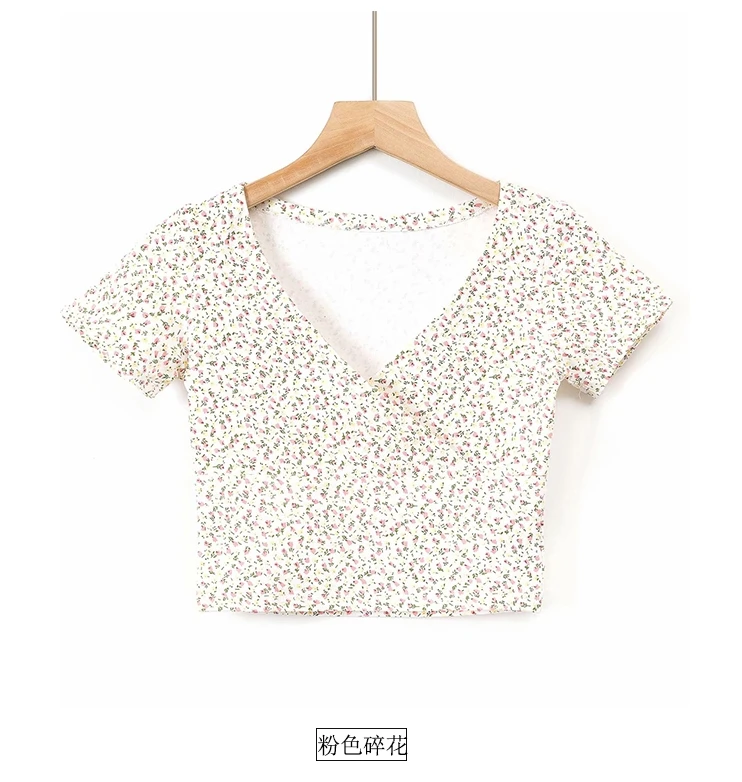 

Y2K Vintage Floral Cross Crop Top T-shirt Women Cropped Slim Short Sleeve V-neck Sexy Summer Clothes Tee Shirt Femme Woman Tops