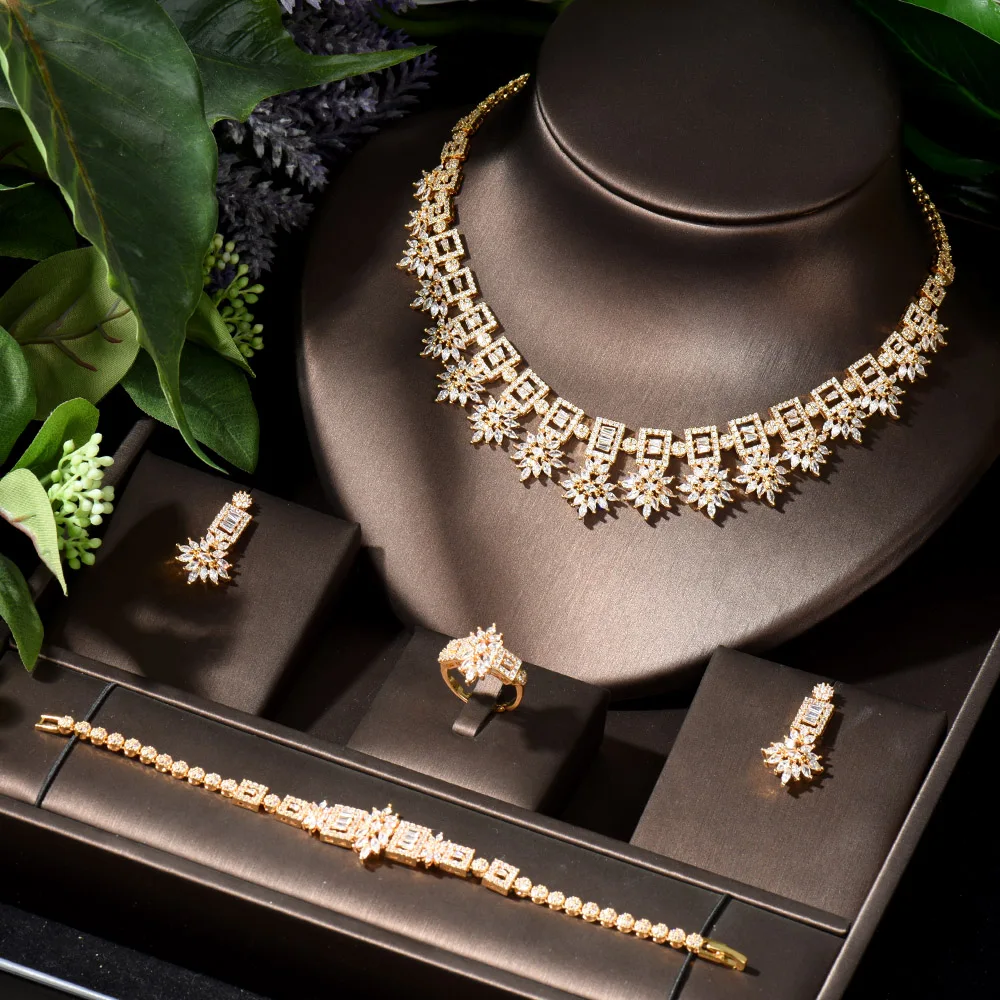 HIBRIDE, винтажное классическое женское ожерелье, серьги, кольцо и браслет, набор из 4 предметов, форма листа, CZ, ювелирный набор, для торжественн...