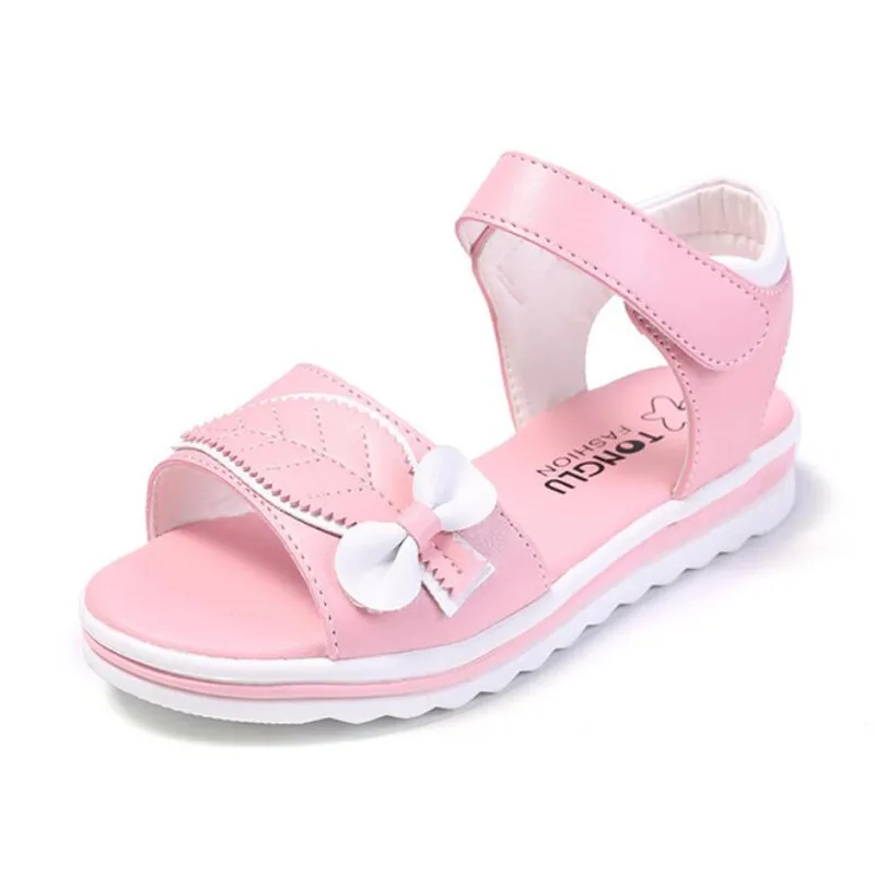 Сандалии детские кожаные с бантом мягкие пляжные босоножки принцессы для