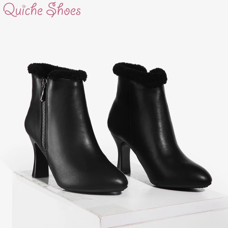 

Женские ботильоны на молнии QuicheShoes, зимние теплые ботинки из натуральной кожи на высоком устойчивом каблуке, 2021