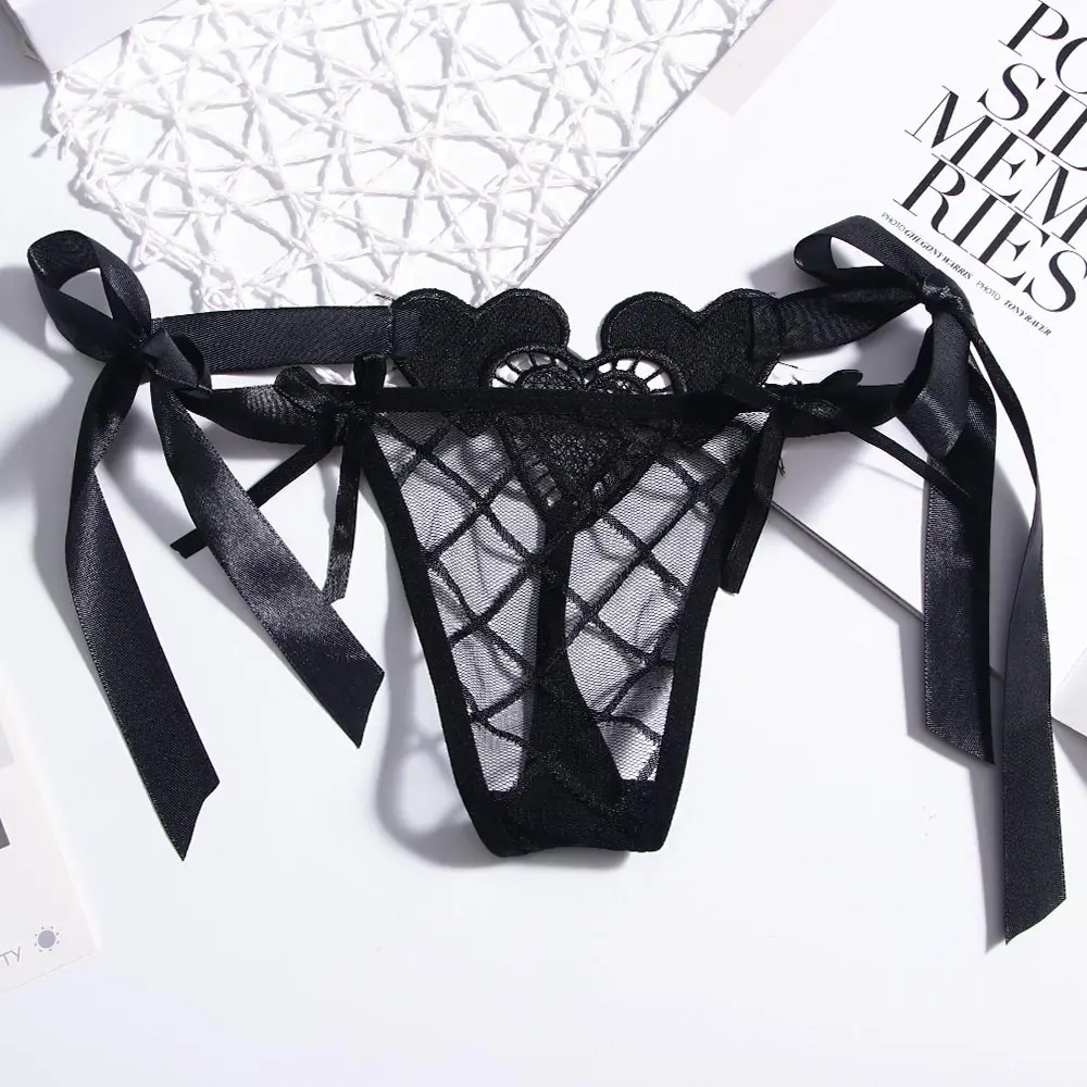Sexy Lace Floral Hollow Out Panties Women Tie G-string Thongs Sheer Low Waist Underwear Soft Lingerie Ice Silk Brief | Женская одежда