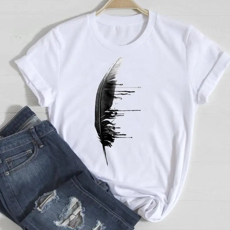 

Woman Cloth T-shirt Feather Women Casual Round Neck Aesthetic Short Sleeve Tee-shirt Streetwear Female Simple T Shirt Tops