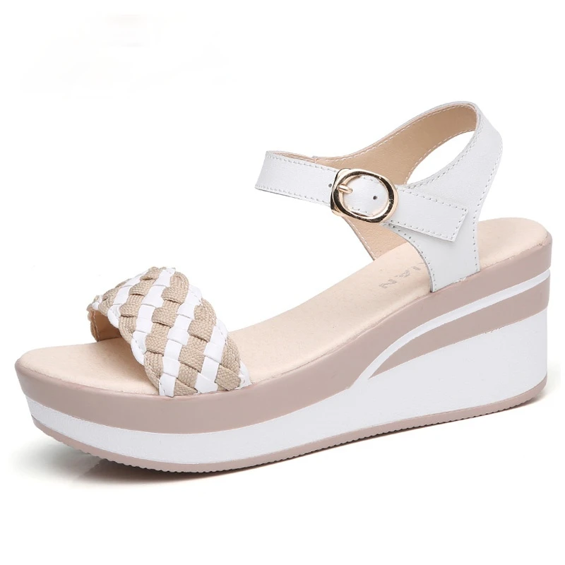 

New Summer Sandals Woman Wedges Platform Sandals Fashion Women Flat Shoes Buckle Strap Sandals High Heels Weave Strap Sandals