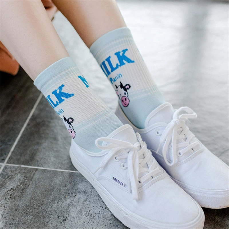 Новые женские носки без пятки ulzzang, молоко, клубника, банан, корова, соккен, для девочек, Осень-зима, рисунок с фруктами, молоко, теплые удобные хлопковые носки