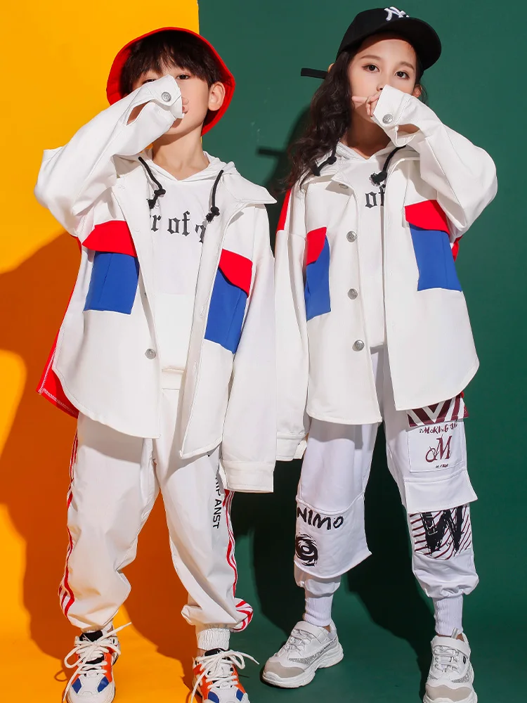 Девушки Джаз современные танцевальные костюмы белая куртка Толстовка брюки дети