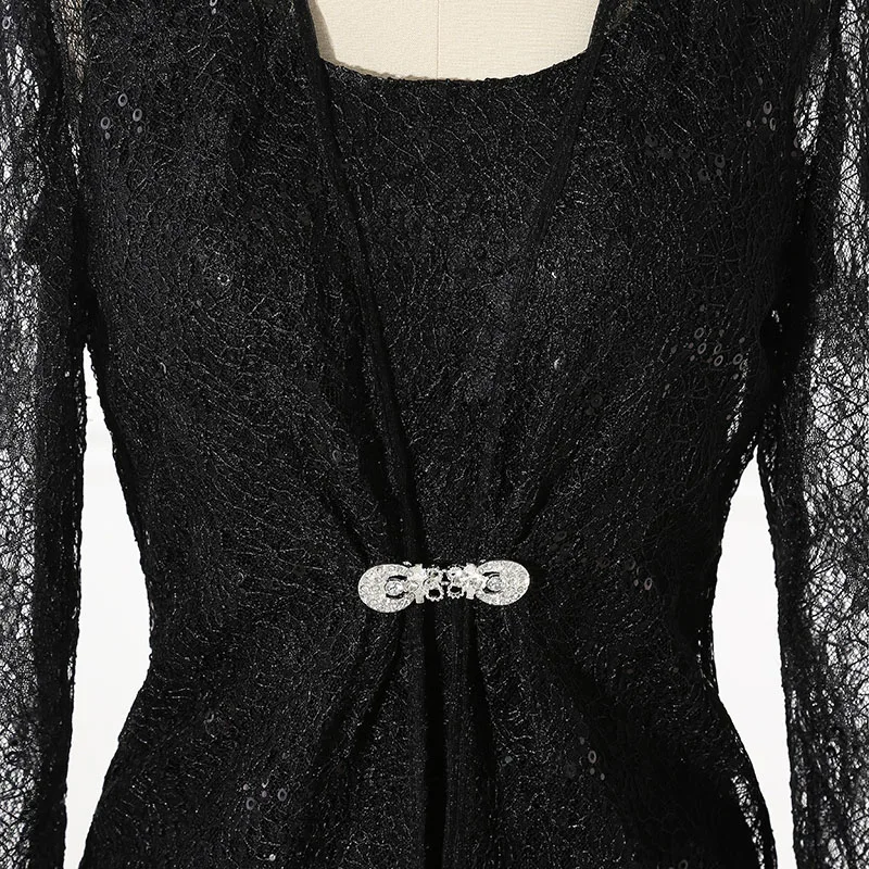 Ампир совок шеи длиной до пола кружева вечерние платья с кристаллами брошь Мать