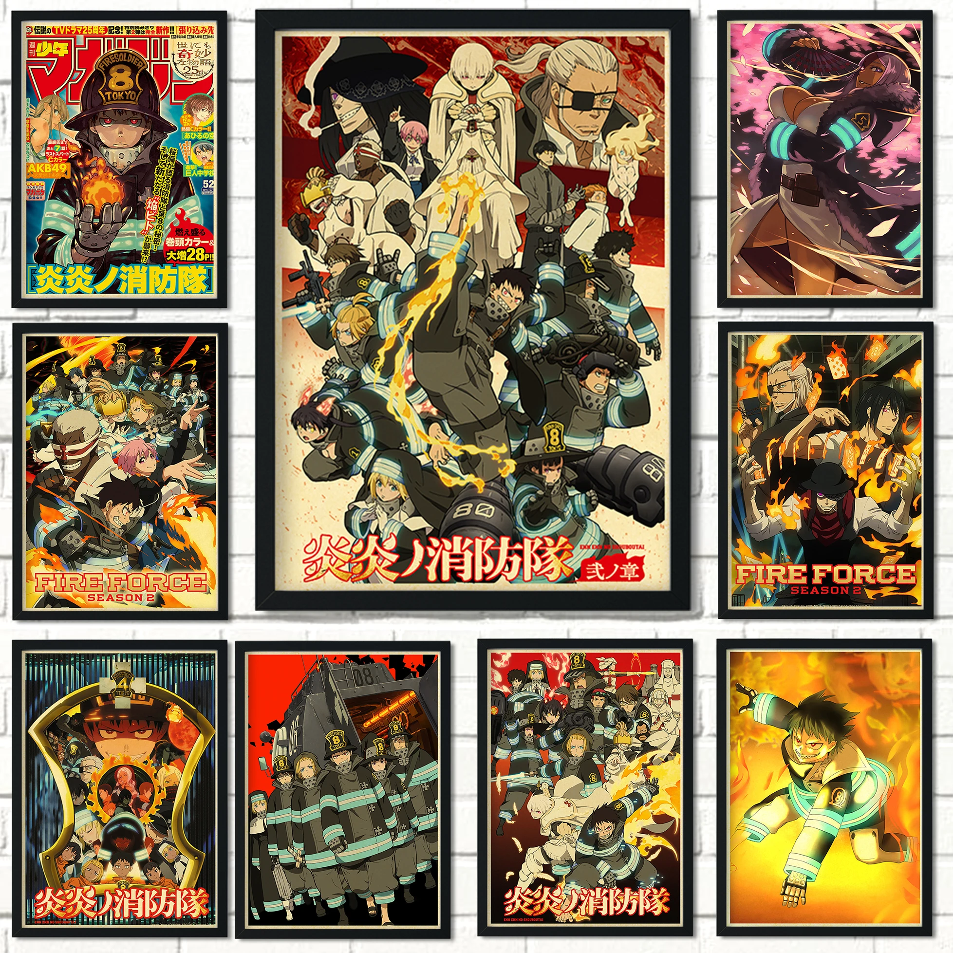 

Анимационный винтажный аниме плакат огненная сила Ретро плакат Shinra Kusakabe живопись настенное искусство для дома кавайная комната Декор холс...