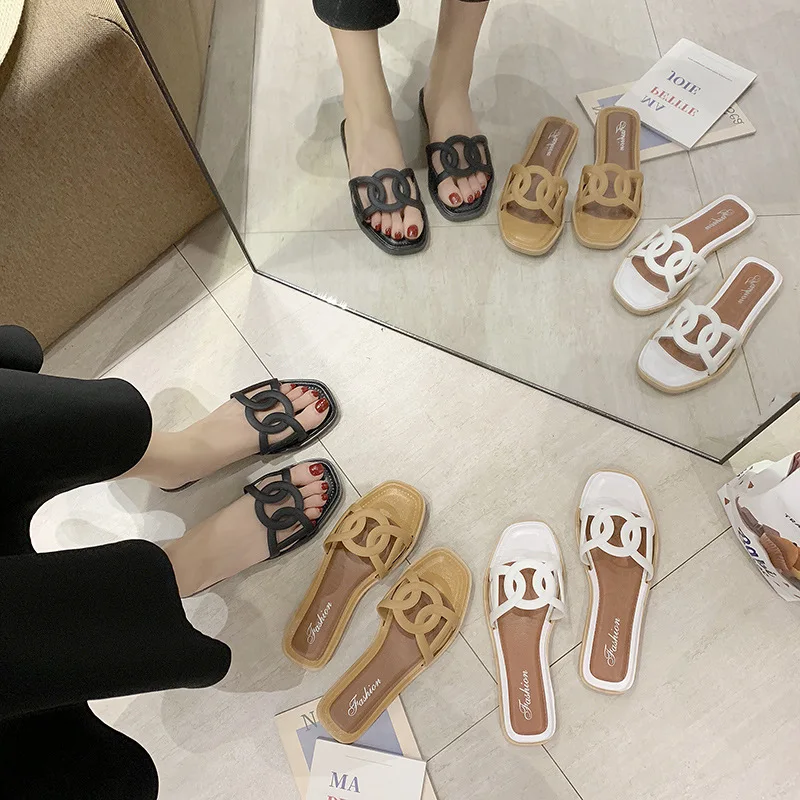 

Summer New Women Slippers Square Head Hollow Sandals Fashion Flat Open Toe Slippers Outdoor Beach Comfortable Women Flip-flops