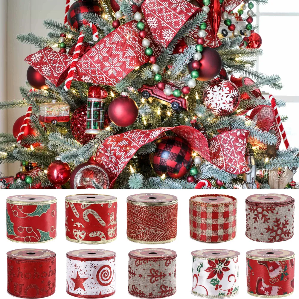 

1 рулон 5 ярдов 65 мм Рождественская лента льняная шелковая Блестящая с принтом лента Рождественская елка Декор подарочная коробка свадебные...
