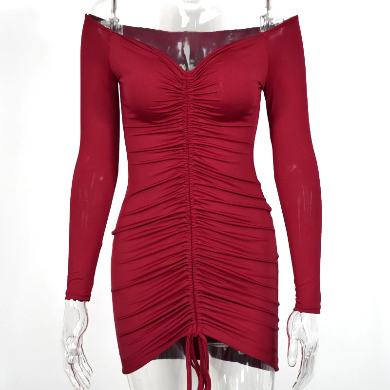 Невозьму 2 слоя осеннее платье Для женщин с открытыми плечами Drawstring Ruched Bodycon платье женские вечерние Клубные пикантные зимнее платье