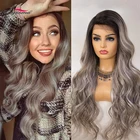 Парики Kryssma Омбре на сетке спереди, длинные волнистые серые синтетические парики для женщин, плотность 130%, с глубоким разделением сбоку, термостойкие парики, Новинка