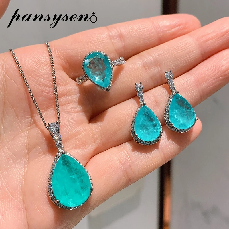 

PANSYSEN 925 Sterling Silver Paraiba Tourmaline Gemstone Necklace/Earrings/Ring Dubai Jewelry Sets Fine Jewelry Drop Shipping