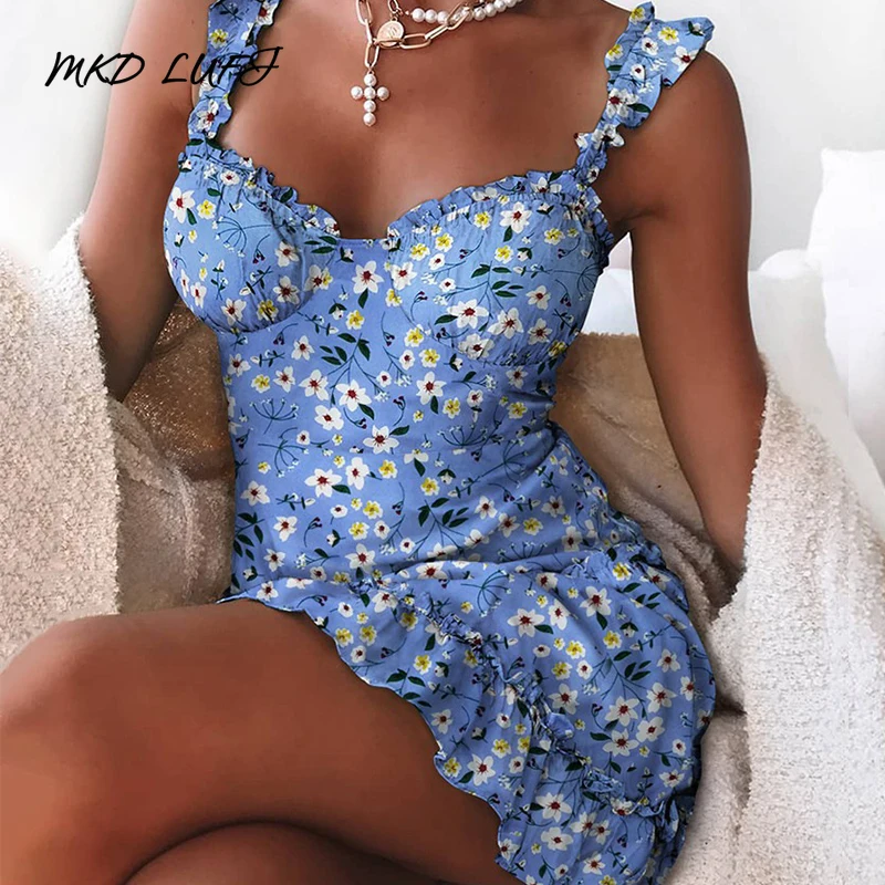 Женское платье с цветочным принтом и оборками повседневное короткое мини на