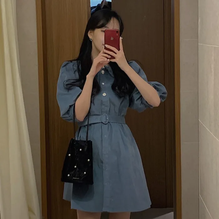 

Korean Chic French Minority Spring and Autumn Funny Clever Style Puff Sleeve Doll Collar Younger Cinched Dress with Belt