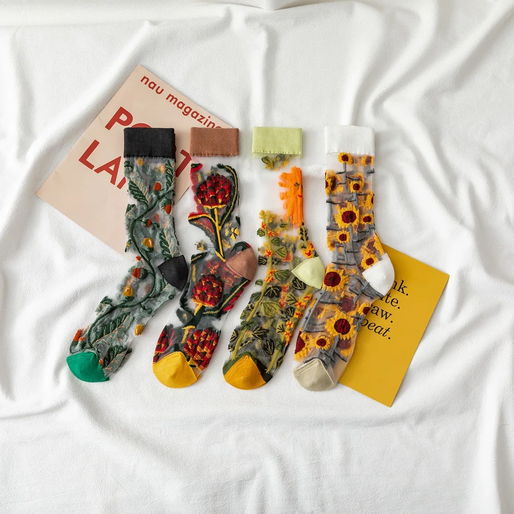 

Novelty Harajuku New Arrival Crystal Silk Tide Socks Funny Sunflowers Fruit Fashion Short Women Socks Casual High Quality Sox