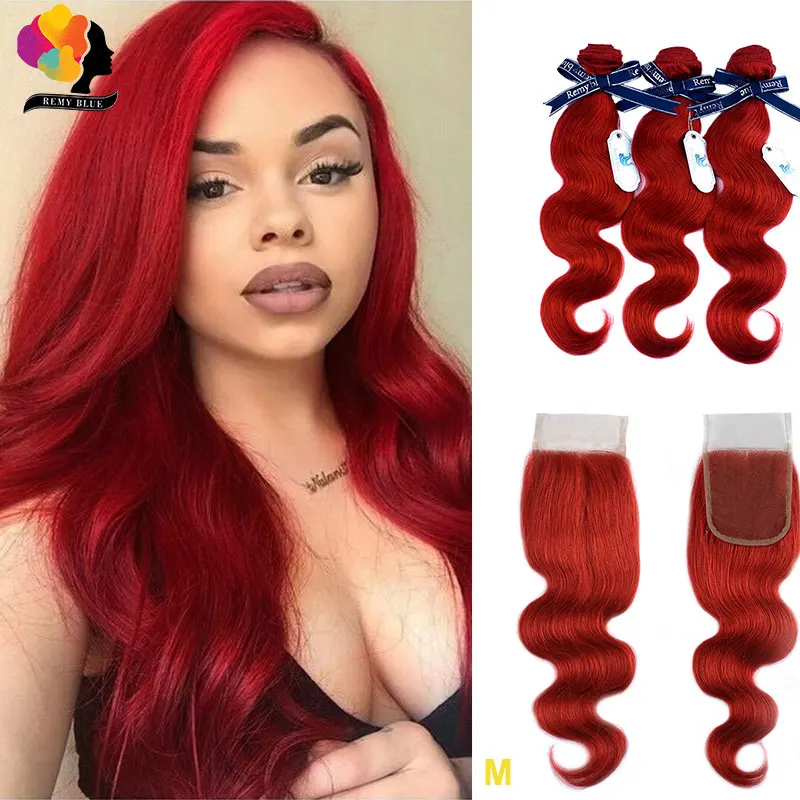 Красные пряди с закрытием волнистые Remyblue бразильские человеческие волосы пучок