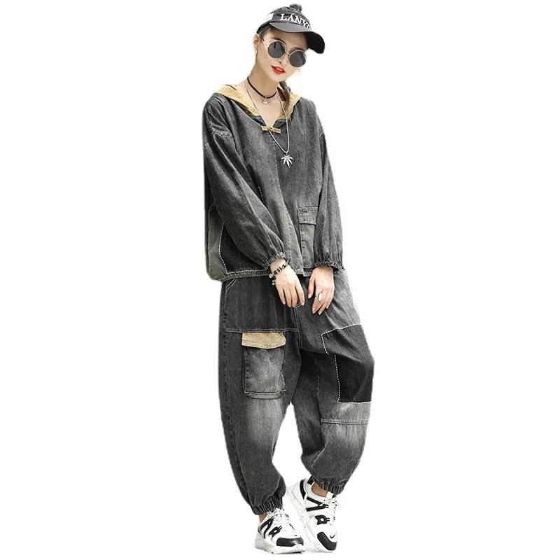 

Autumn 2 Piece Set Black Washed Denim Women Outfit Tracksuit Sportswear Female Comfortable Top And Pants Loose Ladies Suits