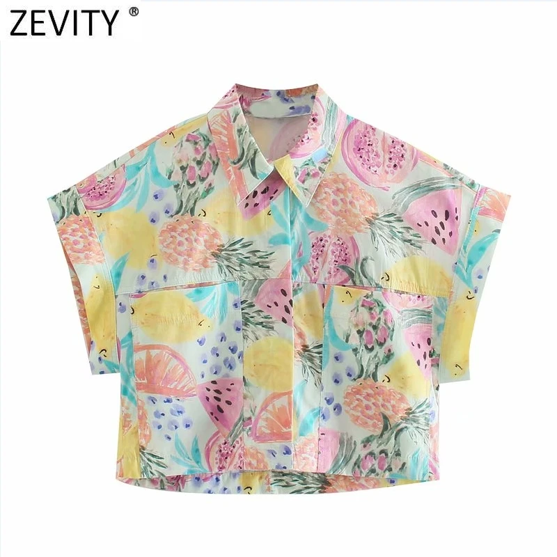 Zevity 2021 ازياء المرأة الاستوائية الفاكهة طباعة قصيرة بلوزة سموك الإناث واحدة الصدر قمصان عادية شيك Blusas بلايز LS9320