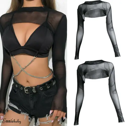 2019 Newest Hot Women Sexy Long Sleeve See Through Mesh Fishnet T-Shirts Casual Top Tee Shirt Sheer Black Club Wear | Женская одежда