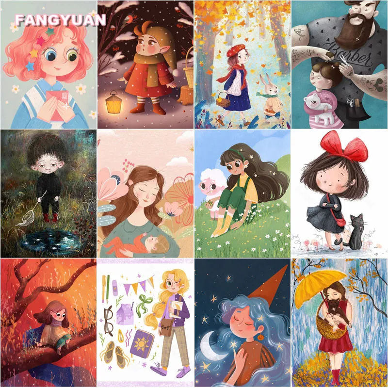 

Diamond Painting Cartoon Big Eyes Long Hair Girls Card Issuance Snow Landscape Diy Needlework Illustration Wall Art Embroidery