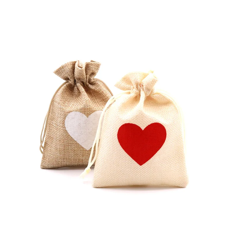 

10x14cm Red White Heart Print Drawstring Beige Natural Burlap Jewelry Jute Gift Bag 50pcs Cosmetic Wedding Candy Storage Pochues