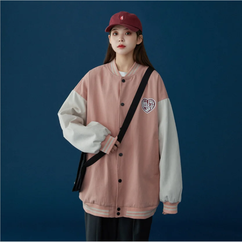 

Pink Black Color Spring Fall Baseball Uniform Female Jacket Letter Loose Sport Style Single Button Woman Outerwear Lady Ins Coat