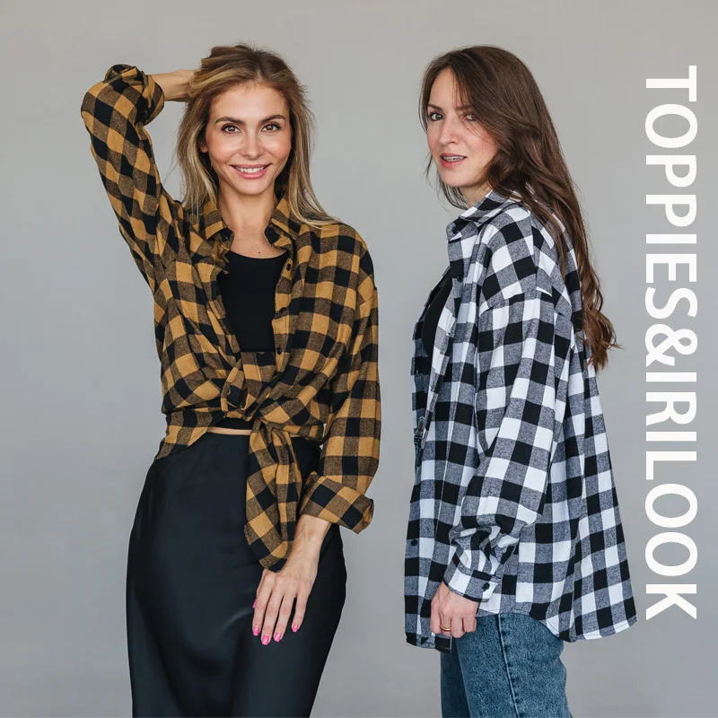 Женская хлопковая рубашка в клетку с длинным рукавом и передним карманом | одежда