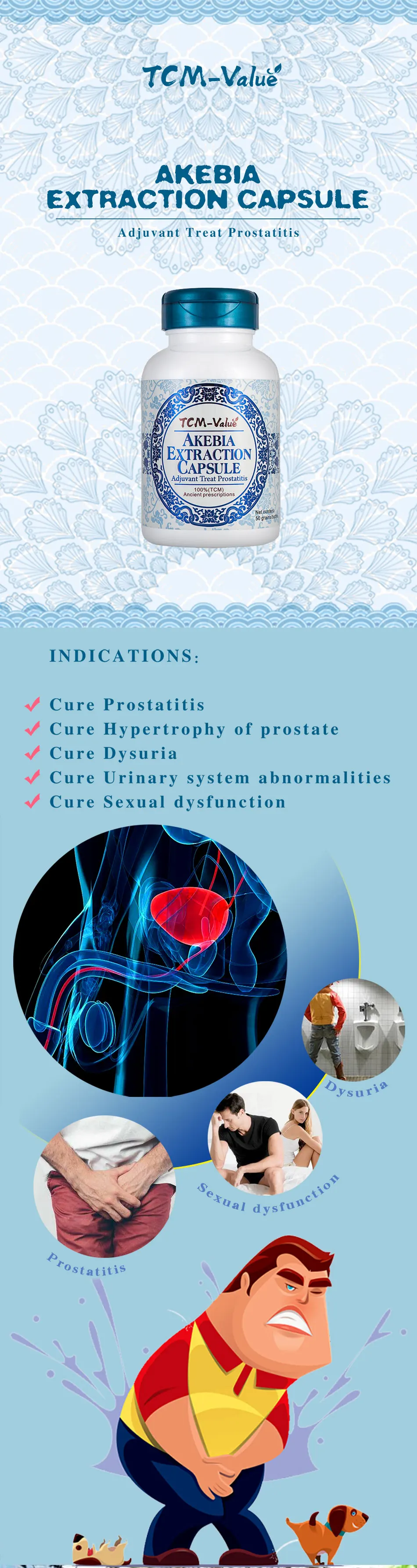 TCM-Value Akebia экстракционная капсула, Adjuvant лечение простатита, лечение отклонений мочевой системы, лечение сексуальной дисфункции 50 шт