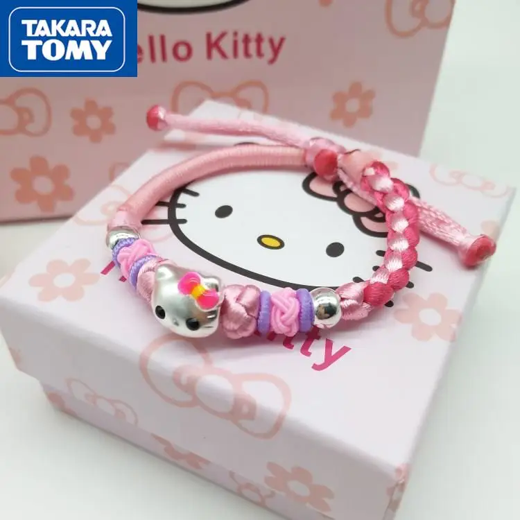 

TAKARA TOMY Cute Cartoon Hello Kitty 999 Sterling Silver Three-dimensional Necklace Children's Braided Rope Jewelry Bracelet