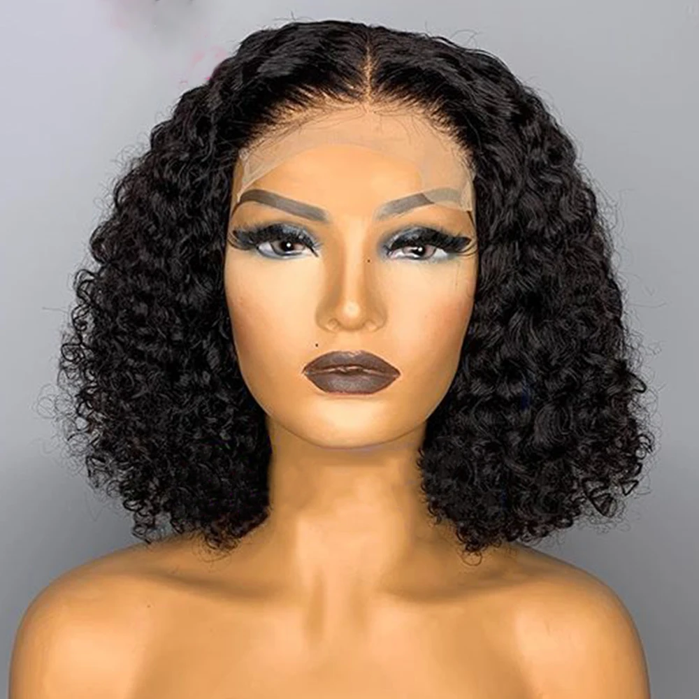 

Middle Part 180% Density Kinky Curly Short Bob Natural Black Lace Front Synthetic Wig For Women With Baby Hair Pre Plucked Daily